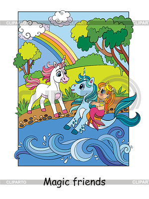 Unicornio se encontró con una sirena en un caballito de mar | Ilustración vectorial de stock |ID 7201099