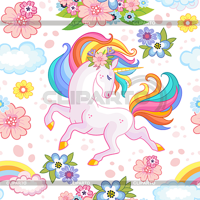 Patrón sin fisuras con unicornio soñando y flores. | Ilustración vectorial de stock |ID 7204827