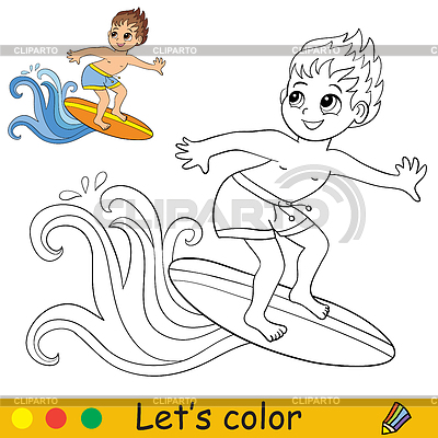 Chico de dibujos animados lindo coge ola en la tabla de surf para colorear | Ilustración vectorial de stock |ID 7205009