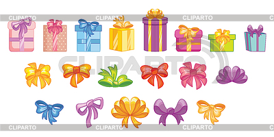 Conjunto de arcos y cajas de regalo de colores | Ilustración vectorial de stock |ID 7207378