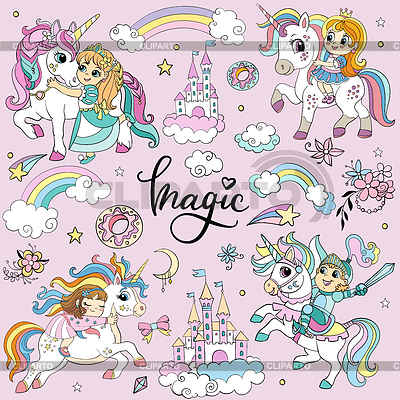 Conjunto de unicornios de dibujos animados lindo en rosa | Ilustración vectorial de stock |ID 7223982