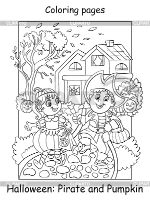 Halloween Kinder in Kürbiskostümen ausmalen | Stock Vektorgrafik |ID 7228594
