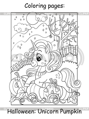 Página de libro para colorear lindo unicornio acostado en calabaza | Ilustración vectorial de stock |ID 7229934
