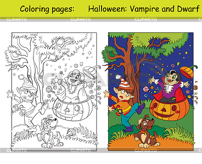 Colorear y coloridos niños de Halloween en traje de | Ilustración vectorial de stock |ID 7237688