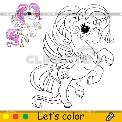 Süßes kleines Einhorn mit Flügeln Malbuchseite | Stock Vektorgrafik |ID 7239507