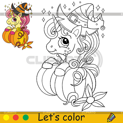 Calabaza y lindo unicornio página de libro para colorear | Ilustración vectorial de stock |ID 7239509