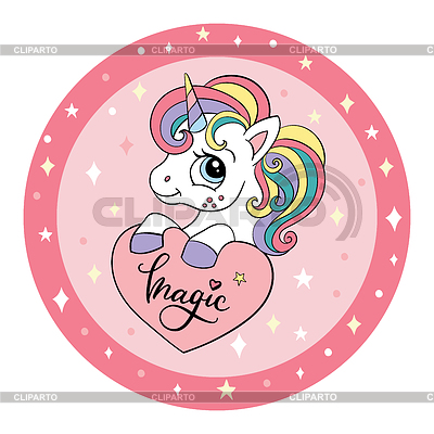 Bonito unicornio con círculo de corazón rosa | Ilustración vectorial de stock |ID 7245627