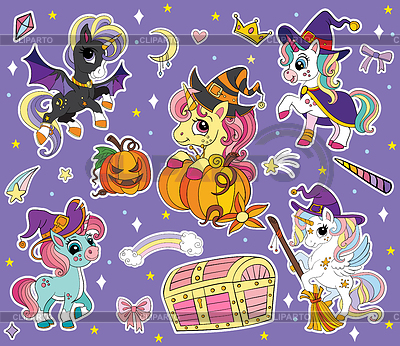 Unicornios de Halloween de dibujos animados lindo conjunto púrpura | Ilustración vectorial de stock |ID 7245629