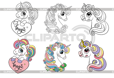 Conjunto de tres cabezas de unicornios de dibujos animados para colorear libro | Ilustración vectorial de stock |ID 7245635