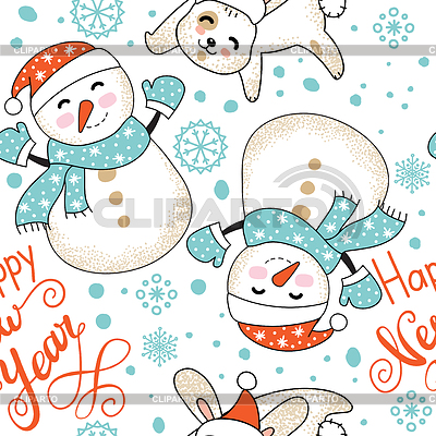 Muñeco de nieve y conejo feliz Navidad de patrones sin fisuras | Ilustración vectorial de stock |ID 7250622