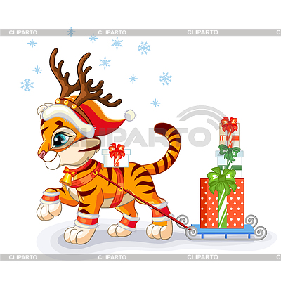 Lindo tigre de Navidad lleva regalos en trineo | Ilustración vectorial de stock |ID 7273450