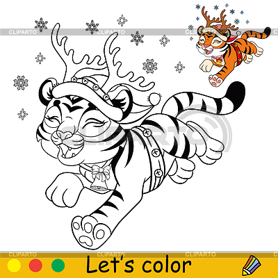 Colorear lindo tigre de Navidad con cuernos de ciervo | Ilustración vectorial de stock |ID 7274389