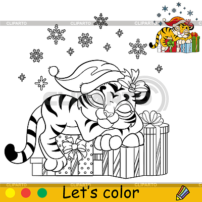 Colorear tigre de navidad durmiendo en regalos | Ilustración vectorial de stock |ID 7274401