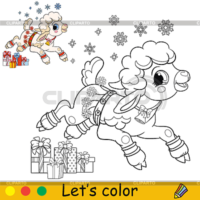 Colorear lindo cordero feliz Navidad | Ilustración vectorial de stock |ID 7278886