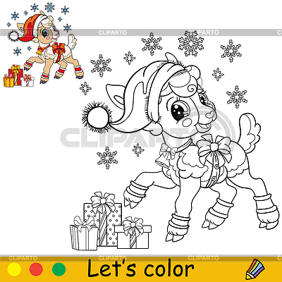 Colorear lindo cordero de Navidad con regalos | Ilustración vectorial de stock |ID 7282619