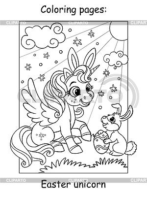 Libro para colorear página lindo unicornio con conejito de Pascua | Ilustración vectorial de stock |ID 7294857