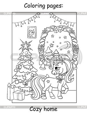 Página de libro para colorear lindo unicornio en casa acogedora | Ilustración vectorial de stock |ID 7294863