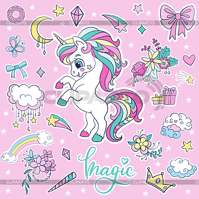 Pack pegatinas lindo unicornio rosa | Ilustración vectorial de stock |ID 7300328