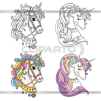 Conjunto de dos cabezas de unicornios de dibujos animados para colorear | Ilustración vectorial de stock |ID 7302626