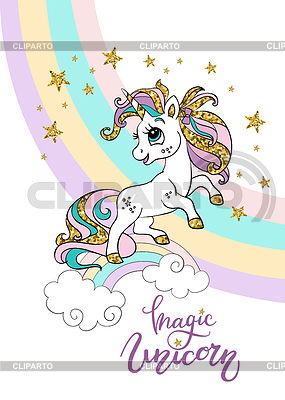 Lindo unicornio con brillo dorado y arcoiris | Ilustración vectorial de stock |ID 7309187