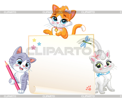 Three cute cartoon kittens with empty banner | Stock Vector Graphics |ID 7356579