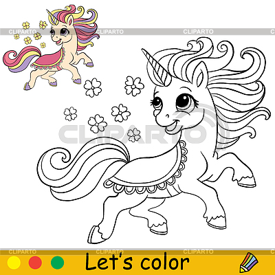 Cartoon unicorn with flowers coloring book page | Stock Vector Graphics |ID 7369481