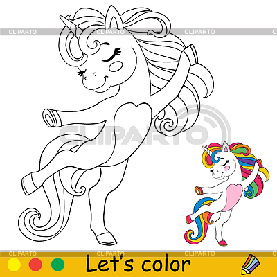 Página de libro para colorear de unicornio bailando de dibujos animados | Ilustración vectorial de stock |ID 7369489