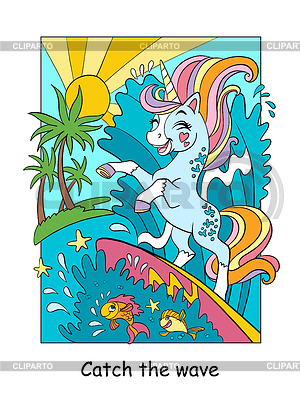 Lindo unicornio atrapa la ola en la tabla de surf color | Ilustración vectorial de stock |ID 7372367
