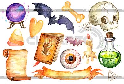 Watercolor set of different fantasy Halloween | High resolution stock illustration |ID 7387998