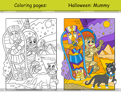 Colorear y colorear momia de Halloween y gato egipcio | Ilustración vectorial de stock |ID 7389449