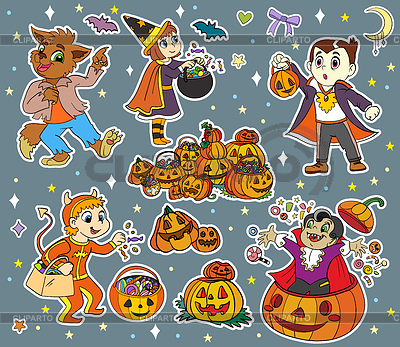 Conjunto de pegatinas de Halloween para niños y elementos | Ilustración vectorial de stock |ID 7390487