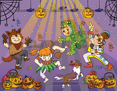 Tanzende Kinder in Halloween-Kostümkarikatur | Stock Vektorgrafik |ID 7390951