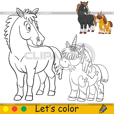Colorear y colorear lindo pony unicornio y sorprendido | Ilustración vectorial de stock |ID 7390959