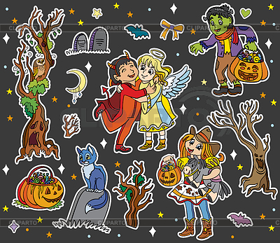 Conjunto de pegatinas negras para niños y elementos de Halloween | Ilustración vectorial de stock |ID 7390963