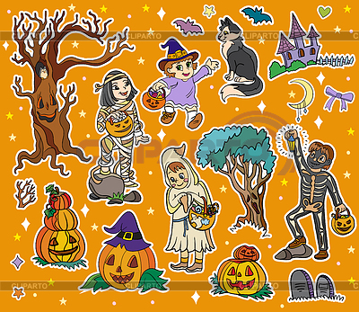 Conjunto de pegatinas naranjas para niños y elementos de Halloween | Ilustración vectorial de stock |ID 7390965