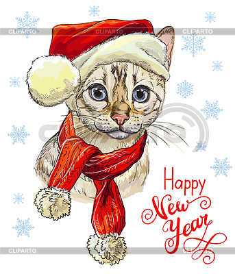 Gato de bengala divertido en sombrero de navidad | Ilustración vectorial de stock |ID 7392862