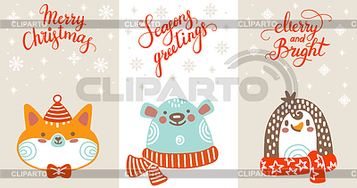 Conjunto de tarjetas verticales de navidad personajes lindos | Ilustración vectorial de stock |ID 7395784
