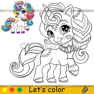 Unicornio de niña de dibujos animados con página de libro para colorear de joyas | Ilustración vectorial de stock |ID 7396702