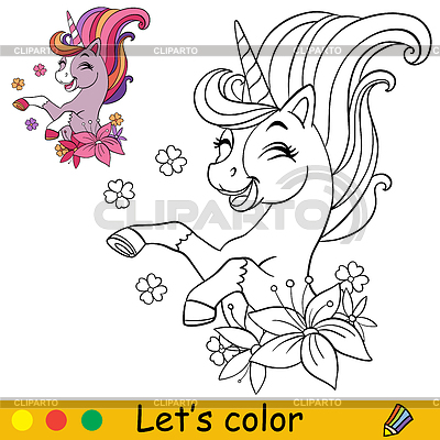 Libro para colorear de dibujos animados bonito unicornio con flores | Ilustración vectorial de stock |ID 7396704