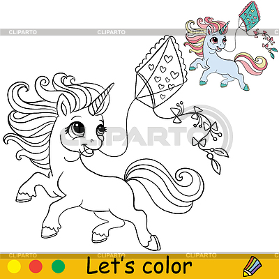 Unicornio de niña de dibujos animados con página de libro para colorear de cometa | Ilustración vectorial de stock |ID 7396706