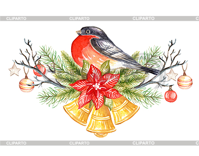 Christmas plants and bullfinch watercolor | High resolution stock illustration |ID 7398198