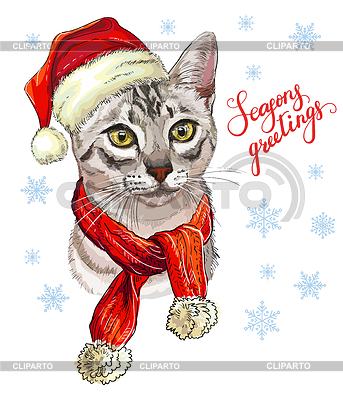 Gato en sombrero de Navidad, bufanda y copos de nieve | Ilustración vectorial de stock |ID 7401677