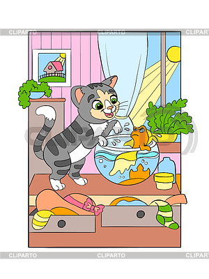 Niedliche Kätzchen Angeln am Fluss Cartoon | Stock Vektorgrafik |ID 7418143
