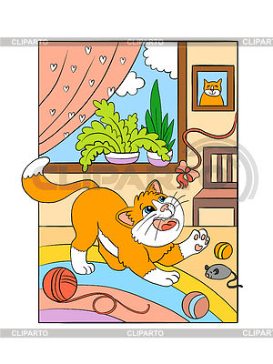 Gato que juega lindo en historieta casera acogedora | Ilustración vectorial de stock |ID 7418155