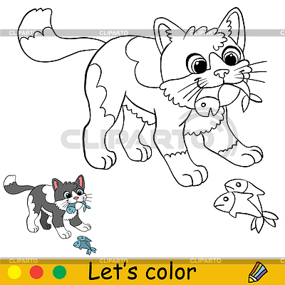 Cute cat eats fish coloring with template | Stock Vector Graphics |ID 7418219
