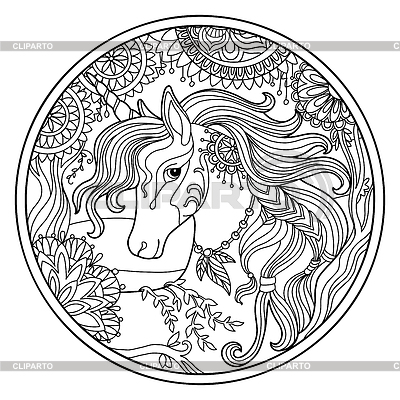 Cabeza de unicornio en flores para colorear redonda | Ilustración vectorial de stock |ID 7418350