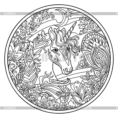 Einhorn in Blumen runde Färbung | Stock Vektorgrafik |ID 7418358