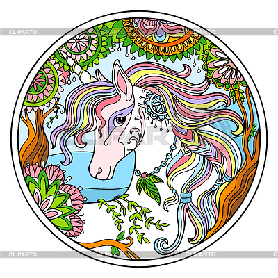 Unicornio en color redondo de flores | Ilustración vectorial de stock |ID 7418714