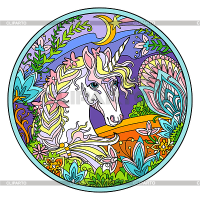 Unicornio en color redondo de flores | Ilustración vectorial de stock |ID 7418722
