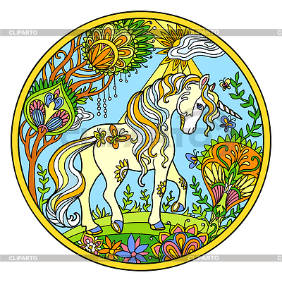 Unicornio de verano redondo de color ornamental | Ilustración vectorial de stock |ID 7424278